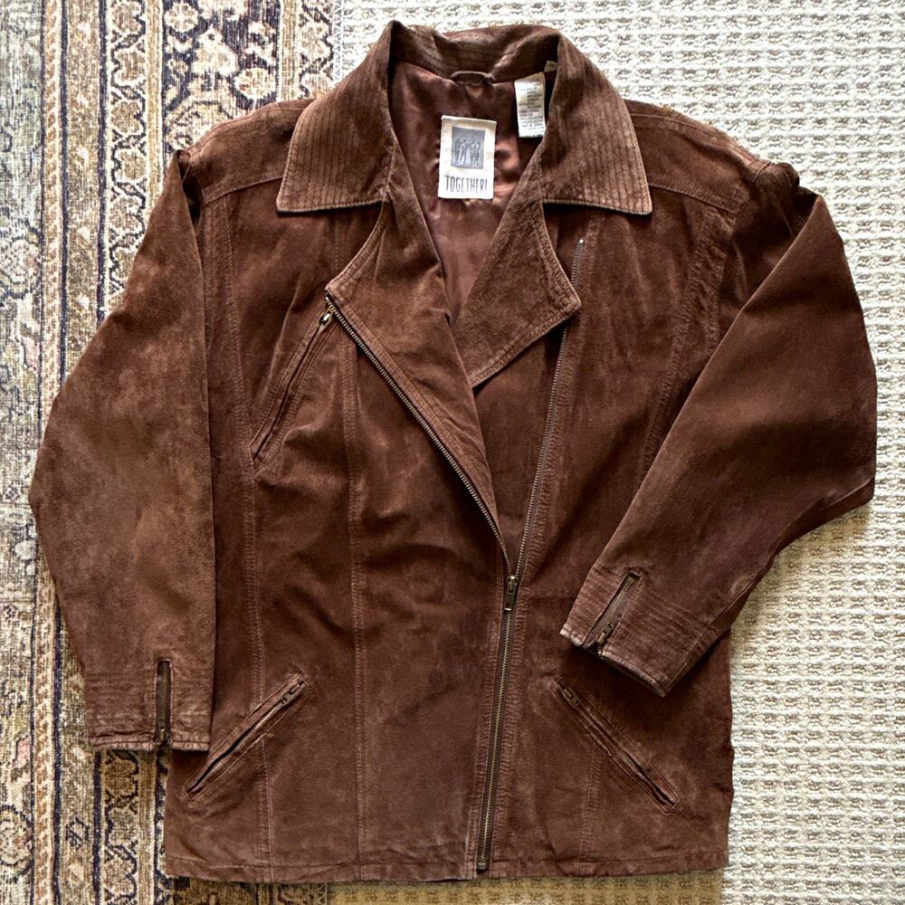 Vintage Together! Brown Genuine Leather Jacket M Lined Zippers Back Detail
